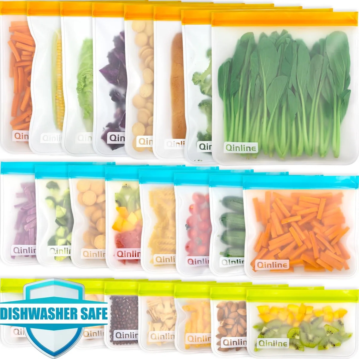 Twenty-four red PEVA bags in gallon, sandwich and snack sizes with double zip closures