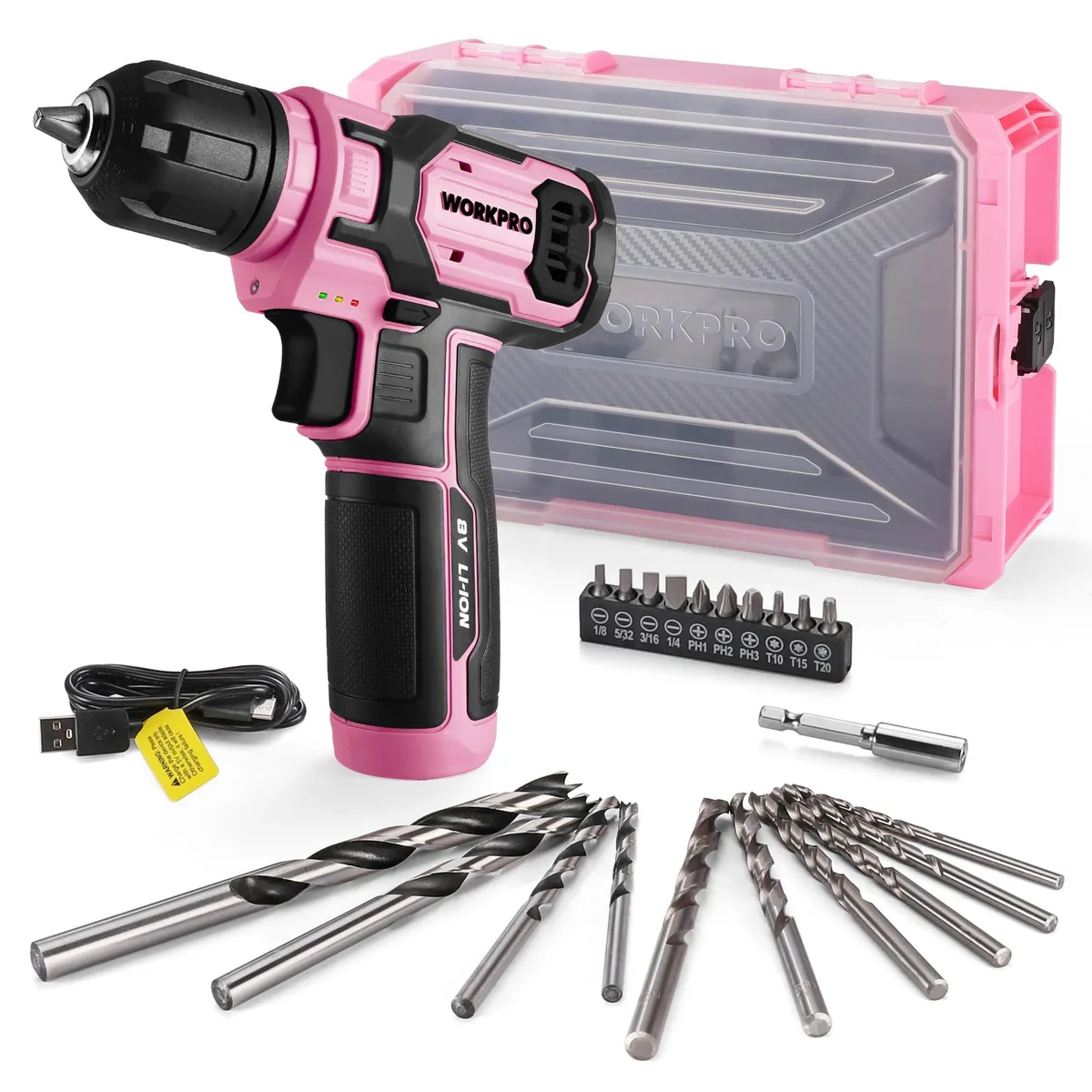 Pink 8V cordless drill driver in modular stackable case with 21 accessories