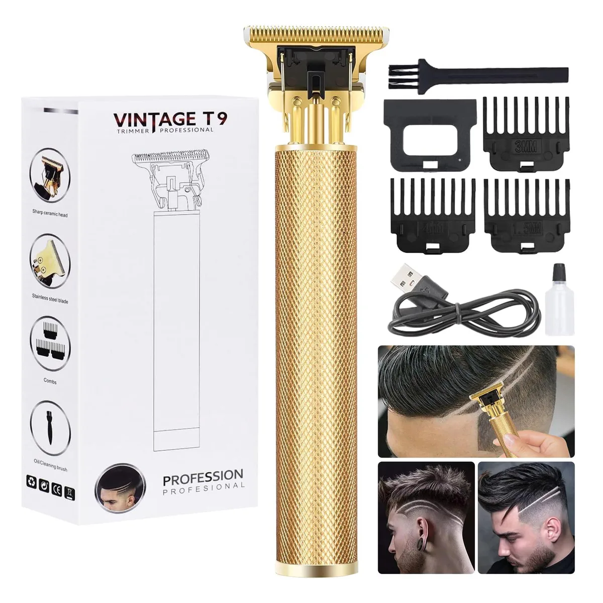 Silver cordless beard trimmer with T-blade and four comb attachments