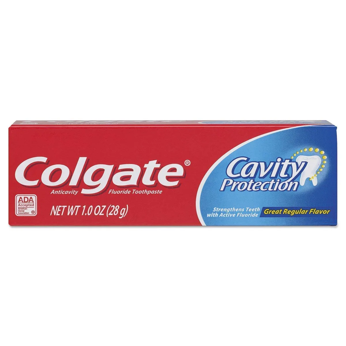 Small white travel-size toothpaste tube, 1.6 by 4.4 by 1.0 inches