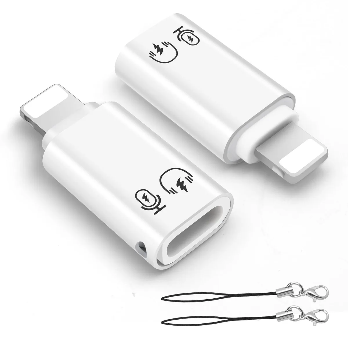 Two white USB-C to Lightning adapters with lanyards