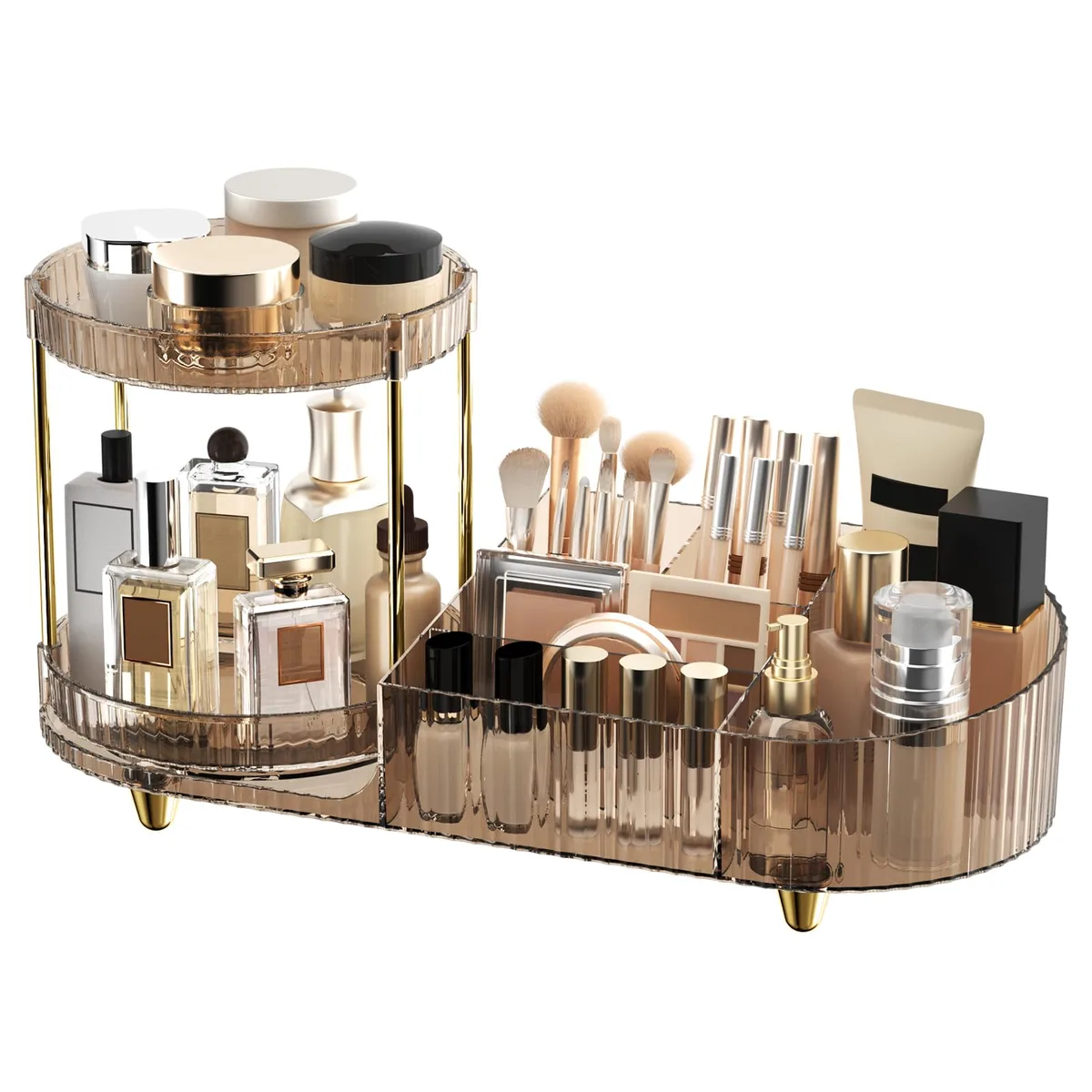 Polished chrome makeup organizer with two rotating trays and five compartments