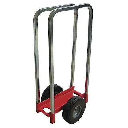 Red steel panel dolly, 20 in deck, two removable raised handles, four 10 in flat-free polyurethane wheels, PVC-coated frame