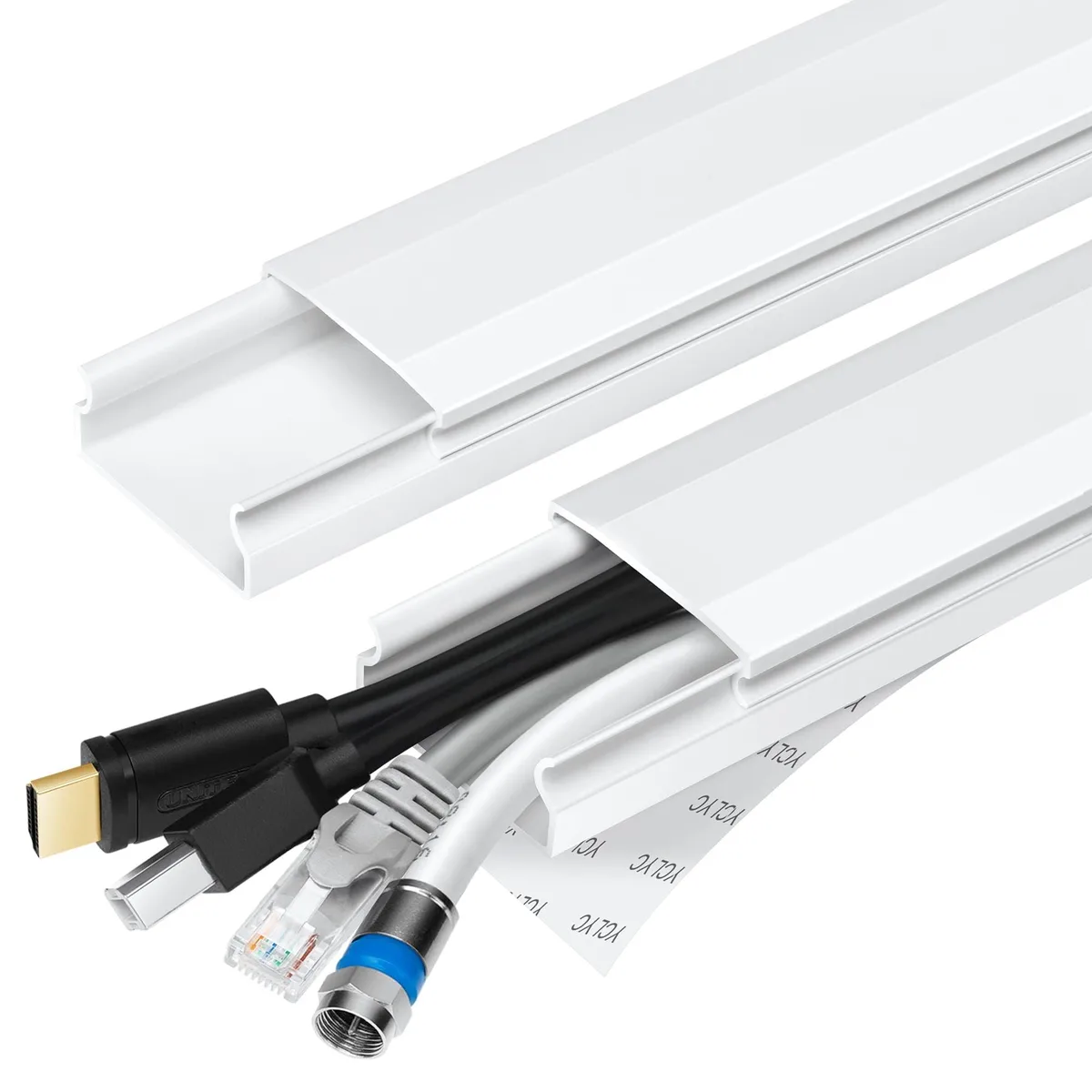 White PVC cord cover kit, four 15.7in channels with self-adhesive backing, paintable finish