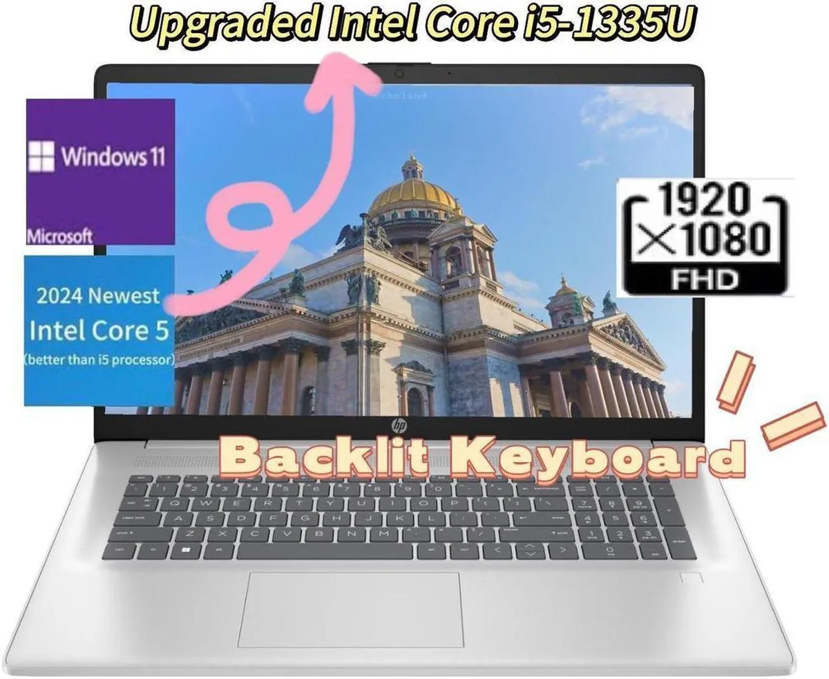 Silver 17.3-inch laptop with full-size backlit keyboard and numeric keypad