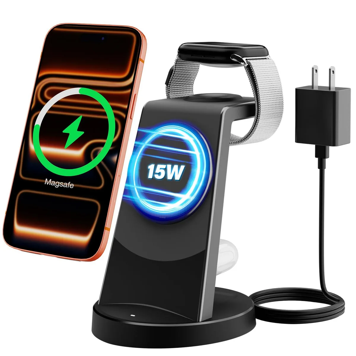  SMILE STATION W166 3-in-1 Magnetic Wireless Charger Stand 15W Black — product photo