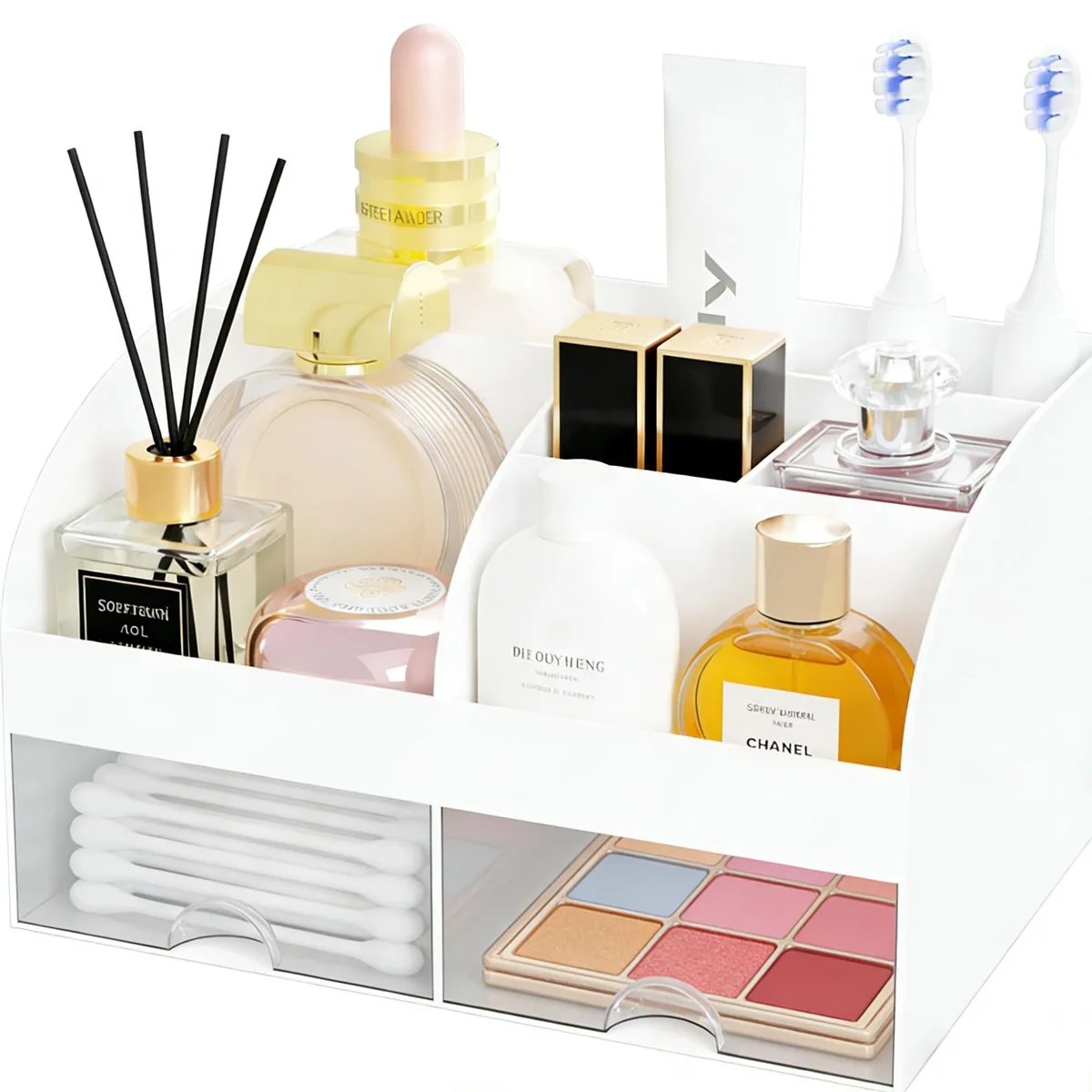 White rectangular cosmetic organiser with two drawers and six compartments