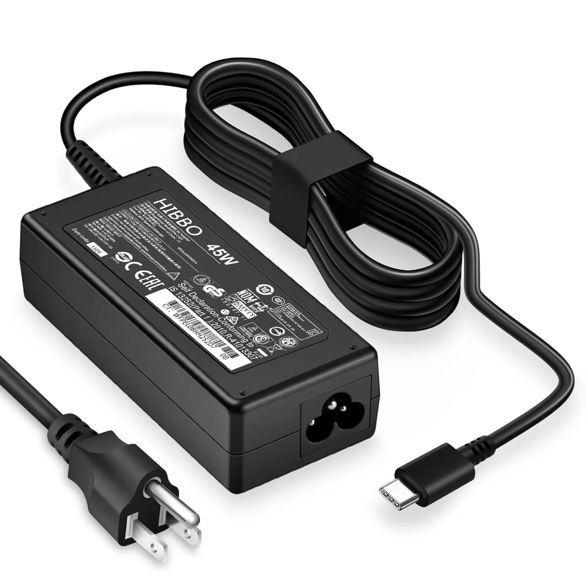 Compact black USB-C power adapter with detachable three-prong mains cable