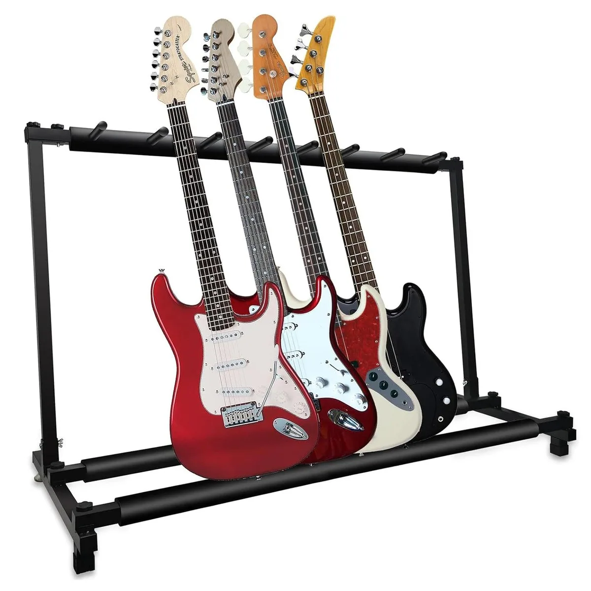 Black metal guitar rack stand with seven padded slots, rubber feet, foldable frame