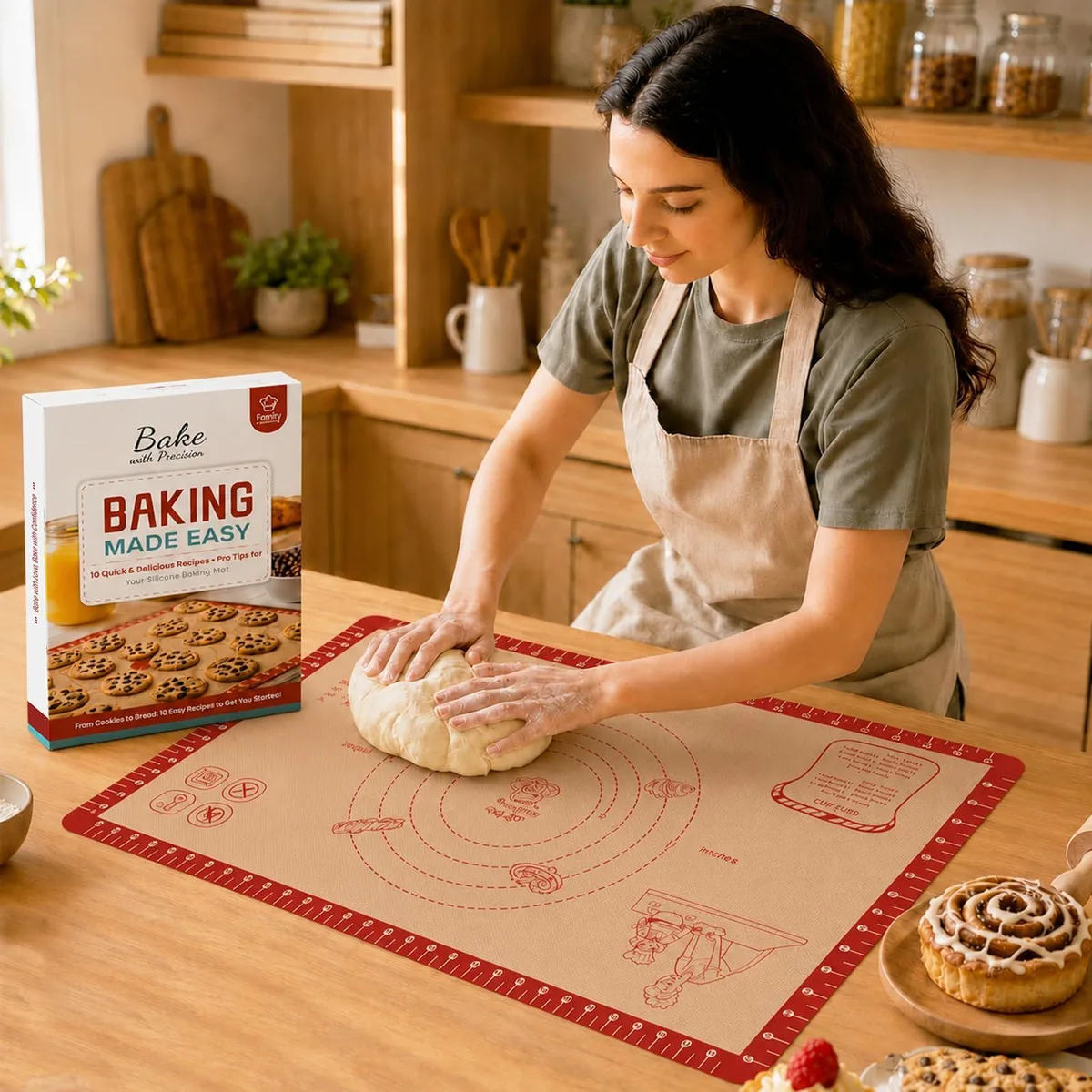 Rectangular silicone baking mat with checkered texture and printed measurement guides