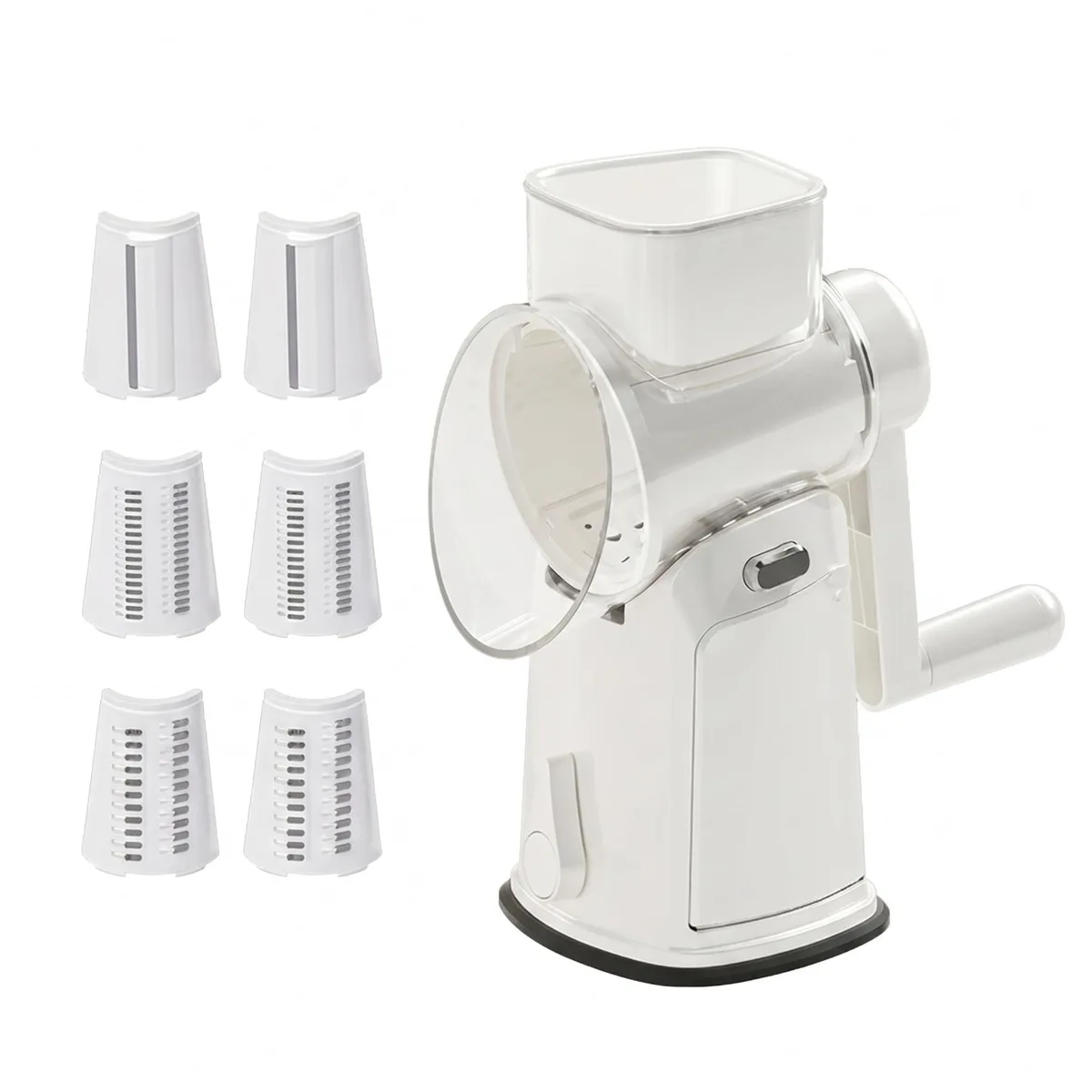 White rotary grater with crank handle, suction base, transparent drum, blade storage, compact 5.1 x 10.6 inches