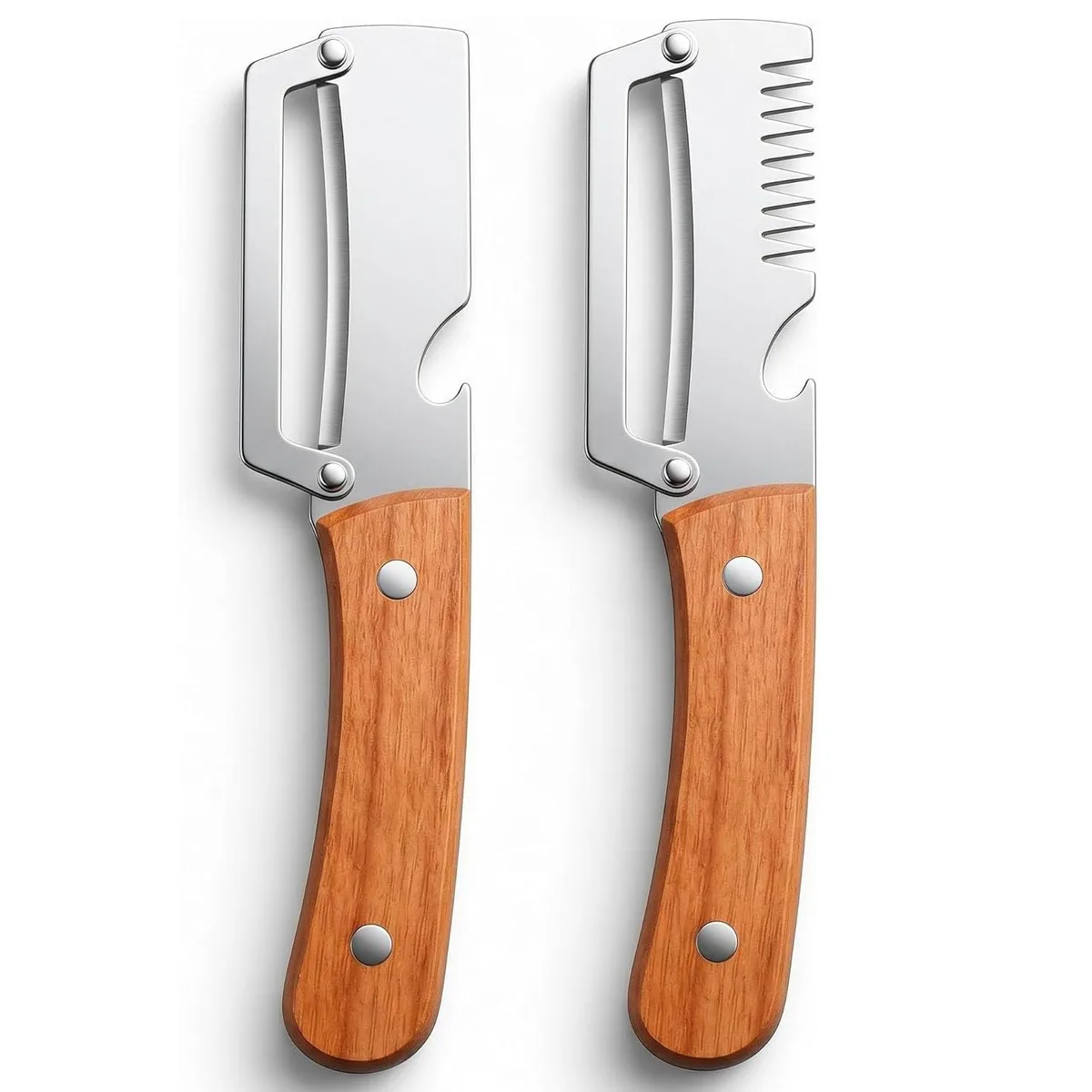 Two stainless steel peelers with wooden handles and bottle openers