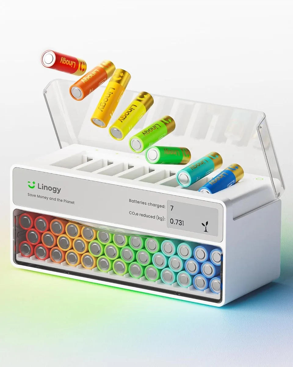 BFKK BFKK 8-Slot AA AAA Battery Charger Station Organizer with Storage Drawer E-Ink Display Auto-Drop Hub — product photo