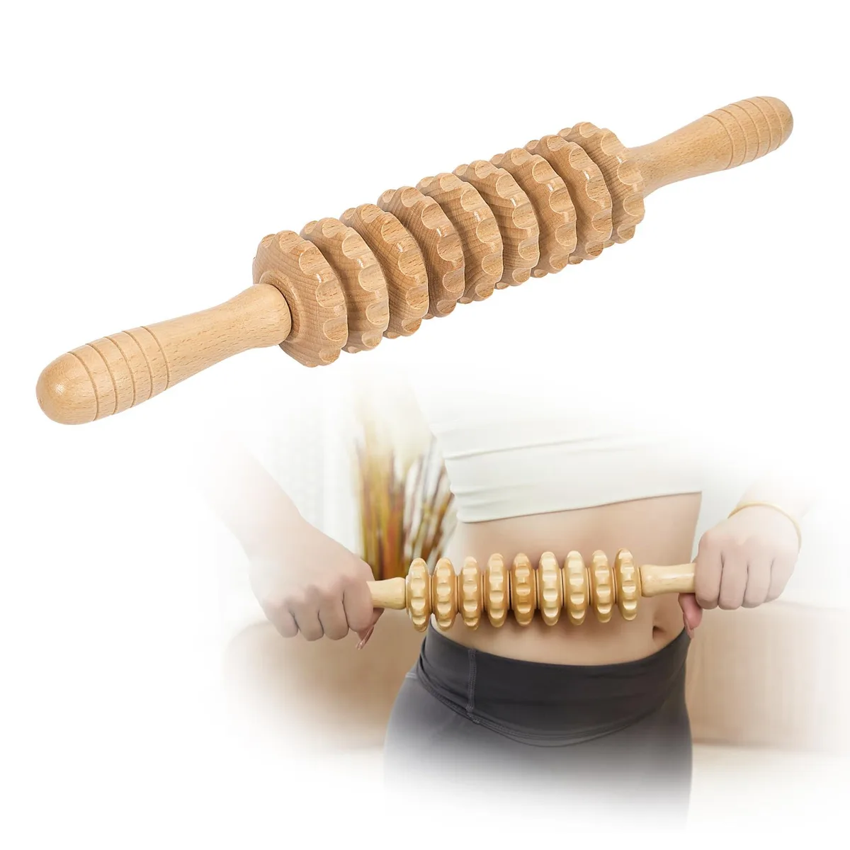 Natural wood 9-wheel massage roller 15.1 by 2.3 inches
