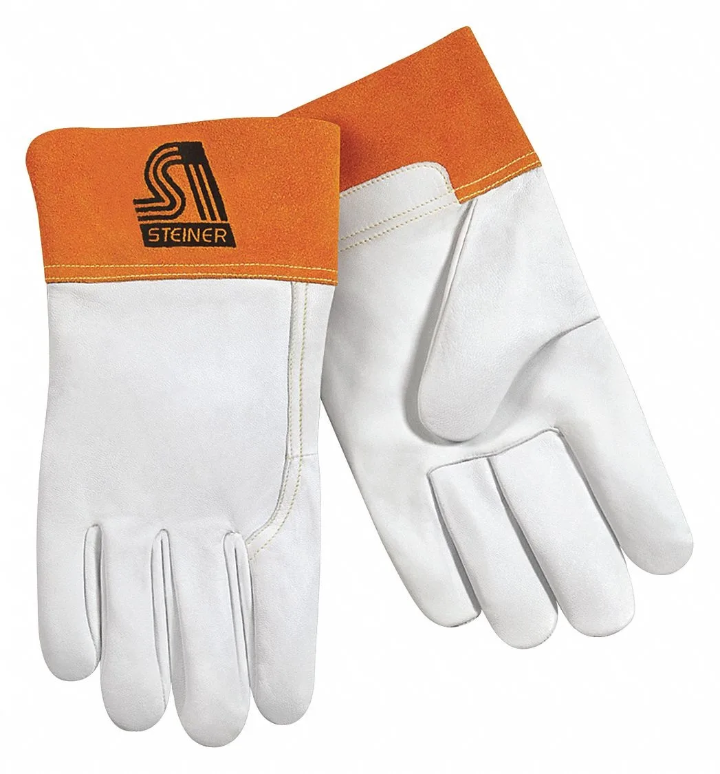 Pair of beige goatskin welding gloves with wing thumb and long safety cuffs