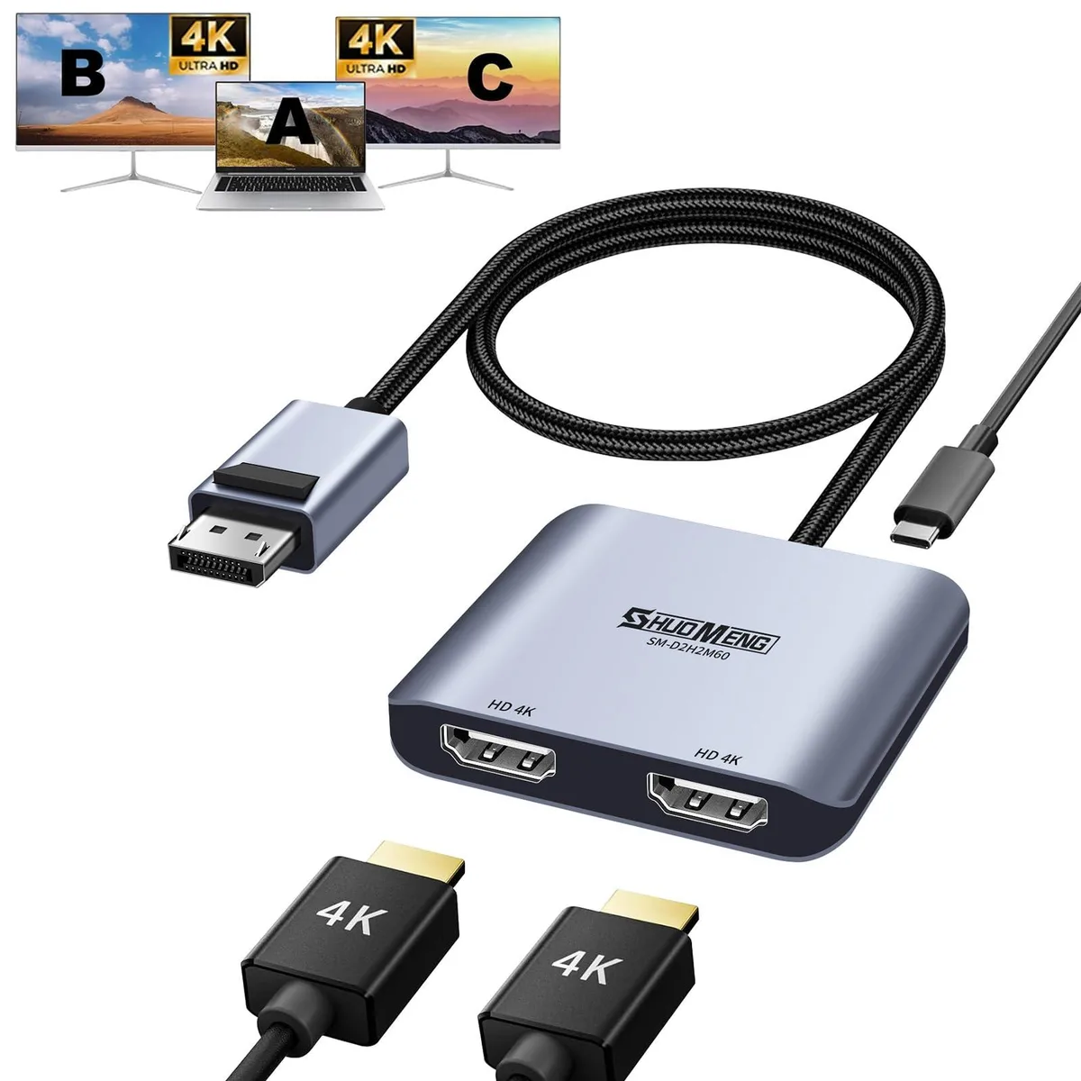 KEHIPI KEHIPI DisplayPort to Dual HDMI Adapter 4K@60Hz MST with Lock 60cm Cable — product photo