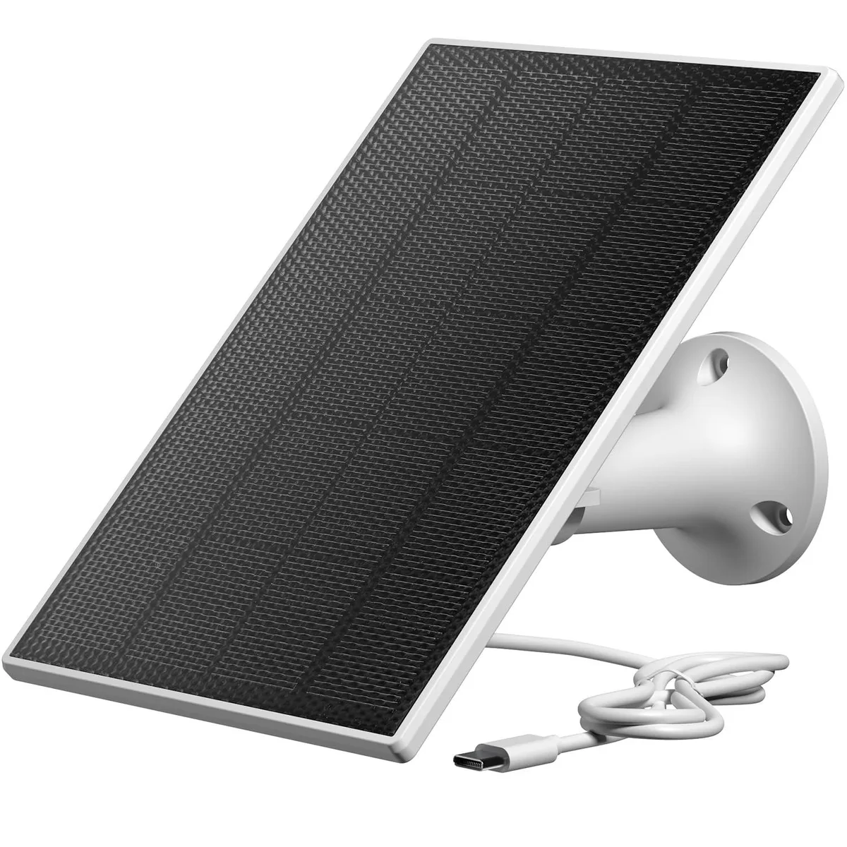 Flat rectangular black solar panel 7.7 by 6.7 inches thin profile adjustable mount 9.8ft cable