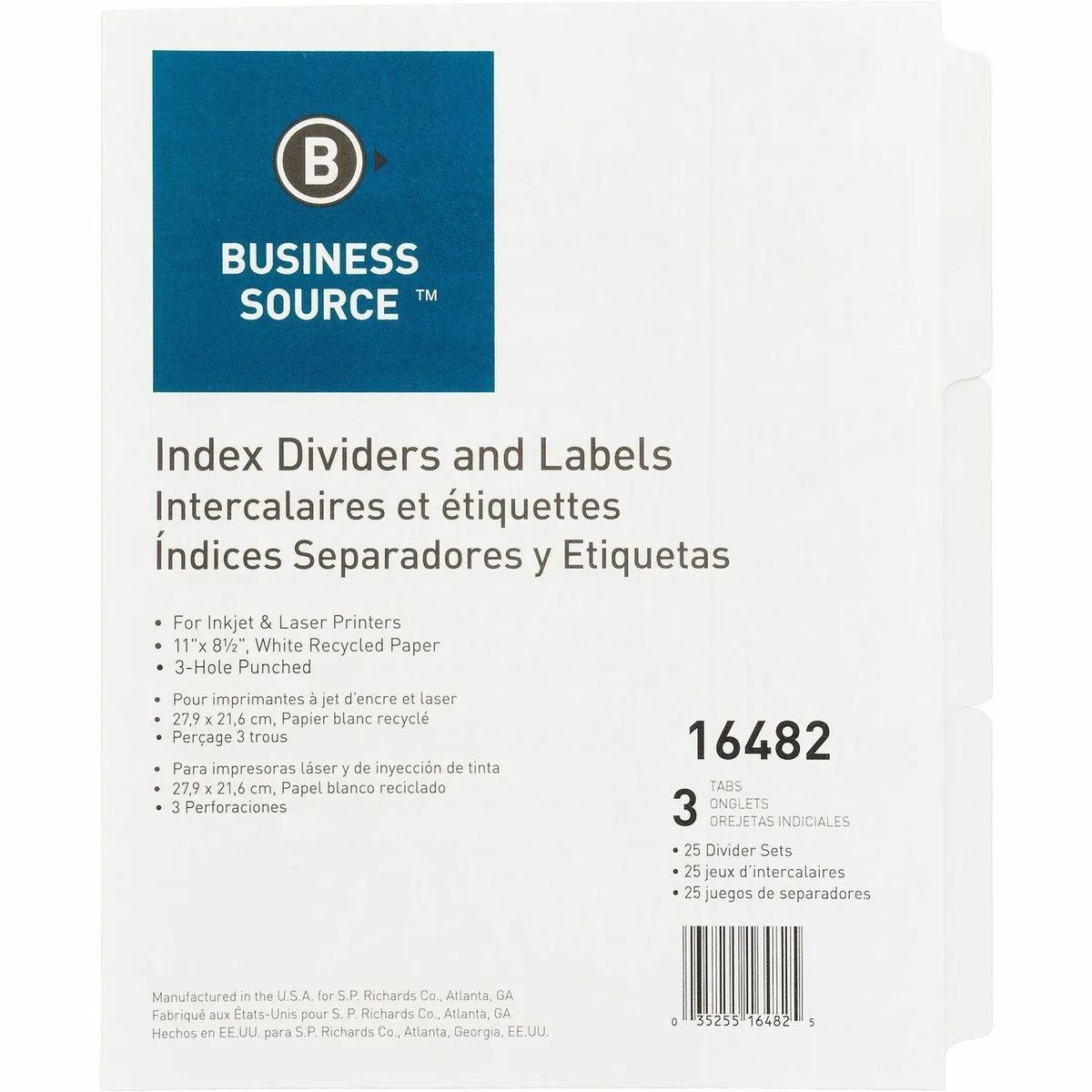 Business Source Business Source 16482 Index Dividers 3-Tab 25 Sets 11" White — product photo
