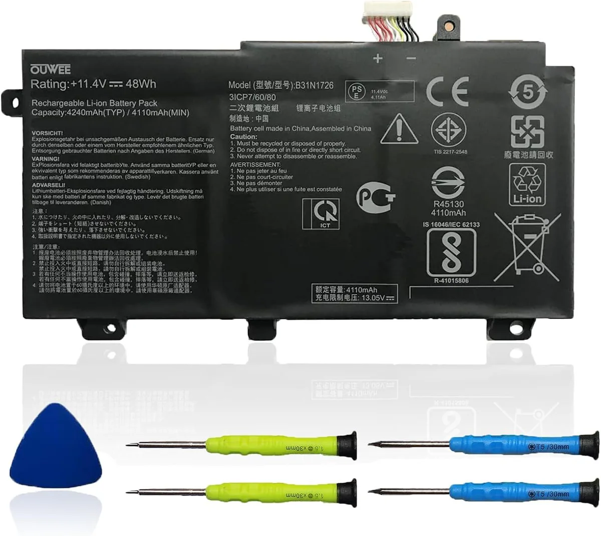 Rectangular black laptop battery with label showing 11.4V 48Wh Shape-A