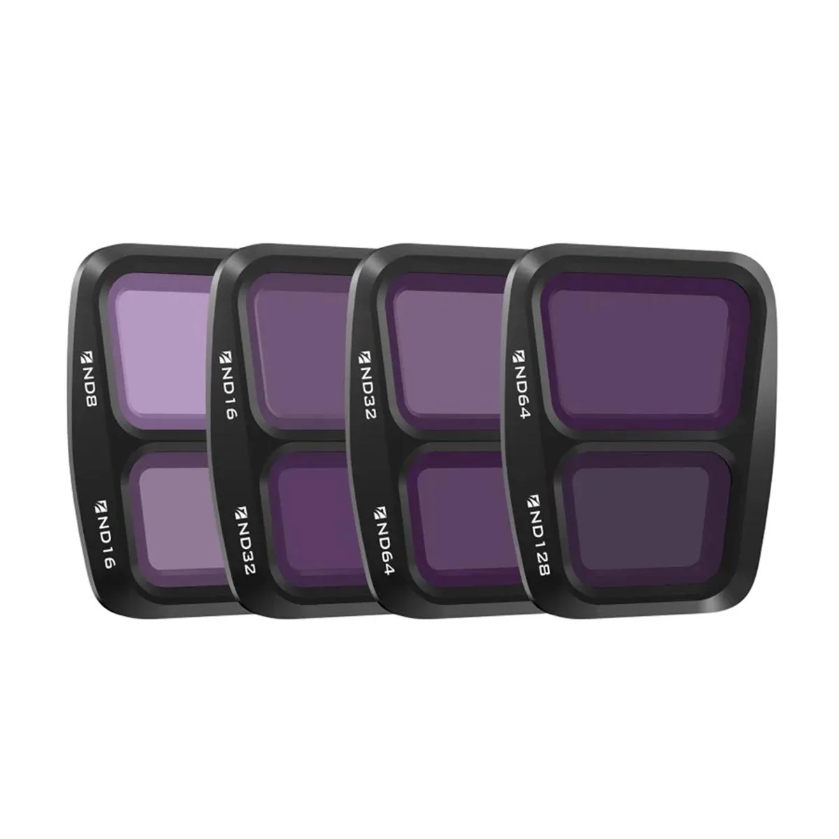 Four small circular camera filters in a row, dark glass with metal rims