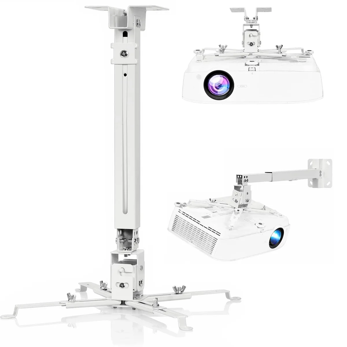 White alloy-steel projector ceiling/wall mount with adjustable extension pole and quick-release bracket