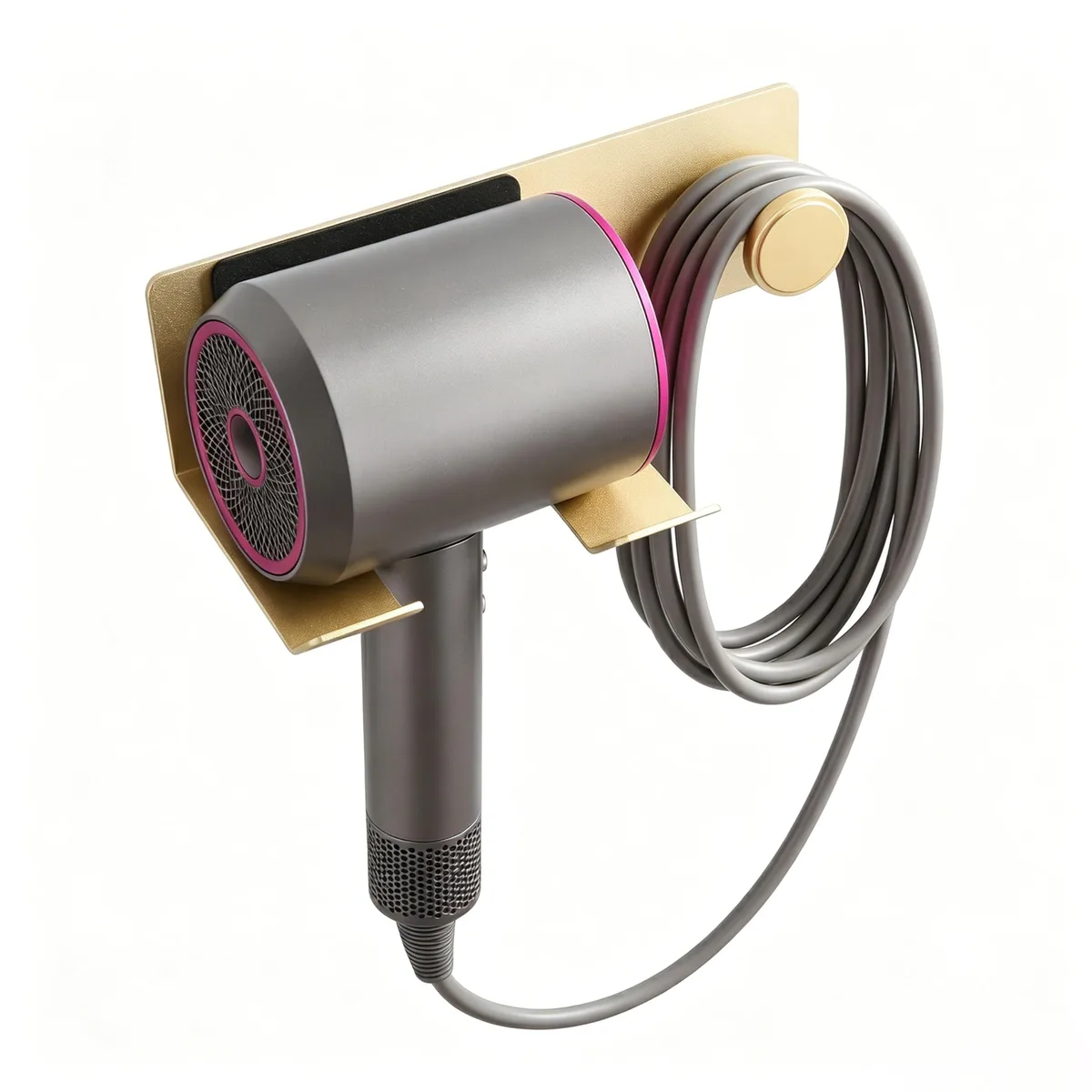 Brushed gold aluminum hair dryer holder with black anti-scratch pad, wall-mounted storage