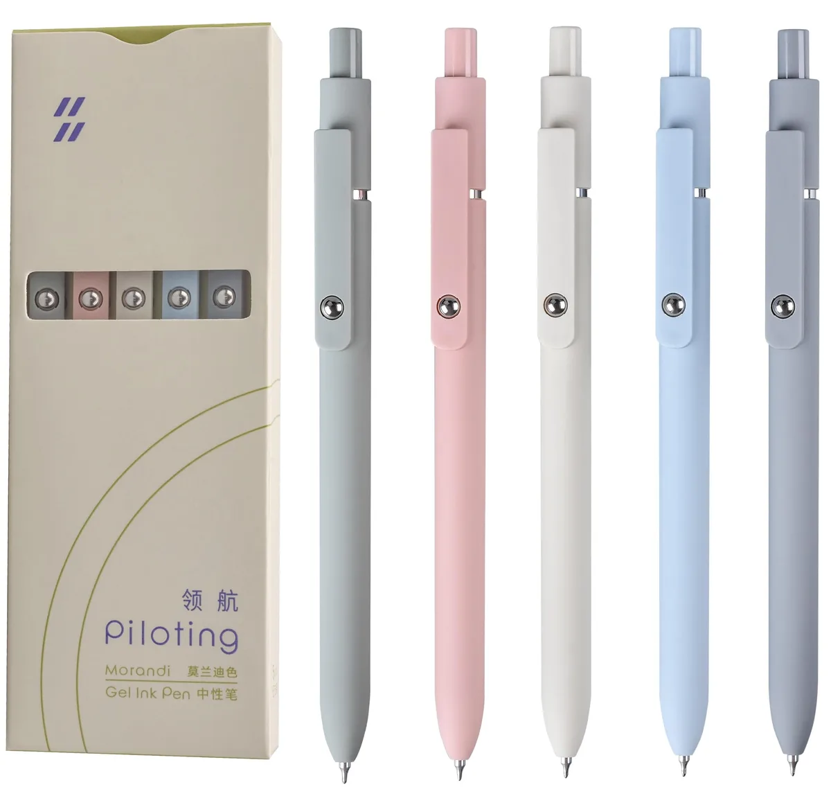 Five retractable black gel pens with soft silicone grips and clips