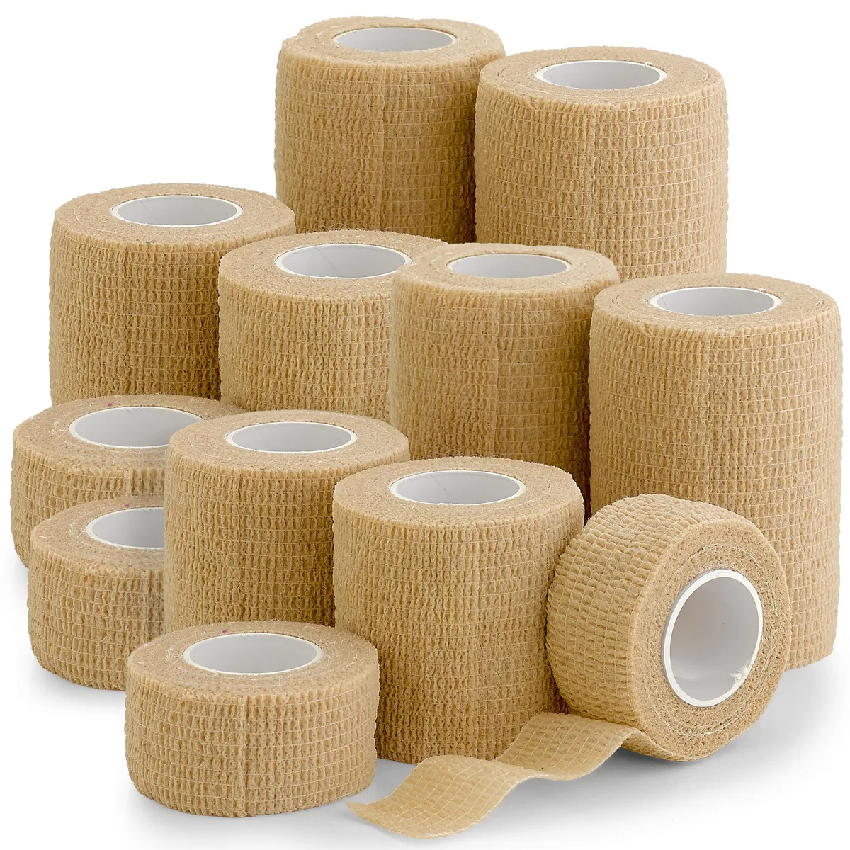 Twelve light-tan cohesive bandage rolls in three widths