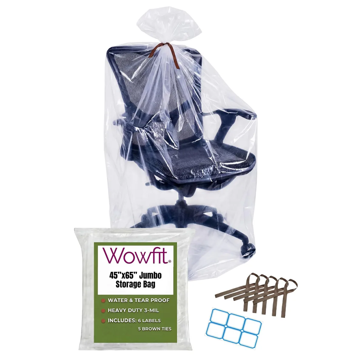 Five flat clear plastic bags 45 by 65 inches beige ties