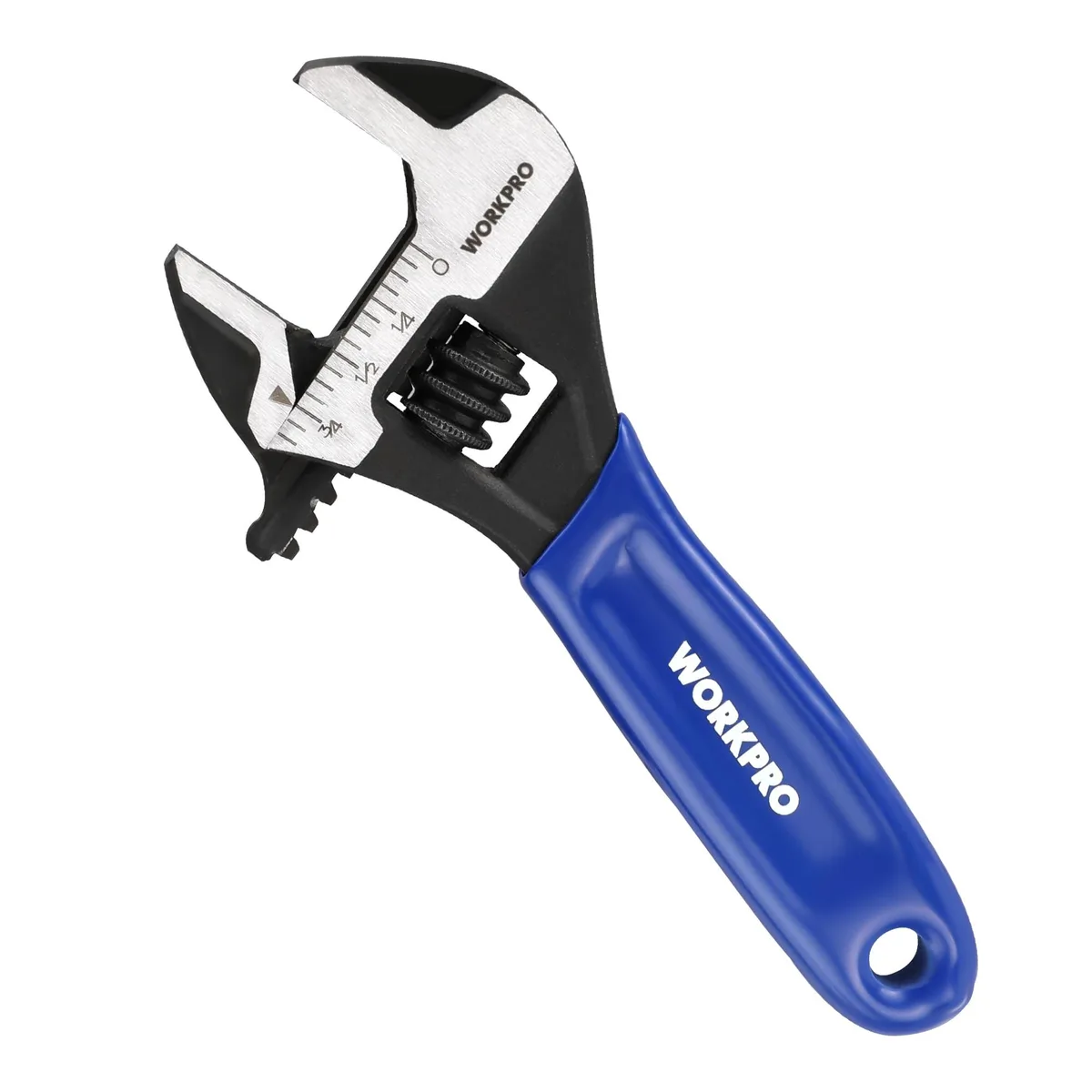 Small black 4-inch adjustable wrench with laser-etched scales and hanging hole