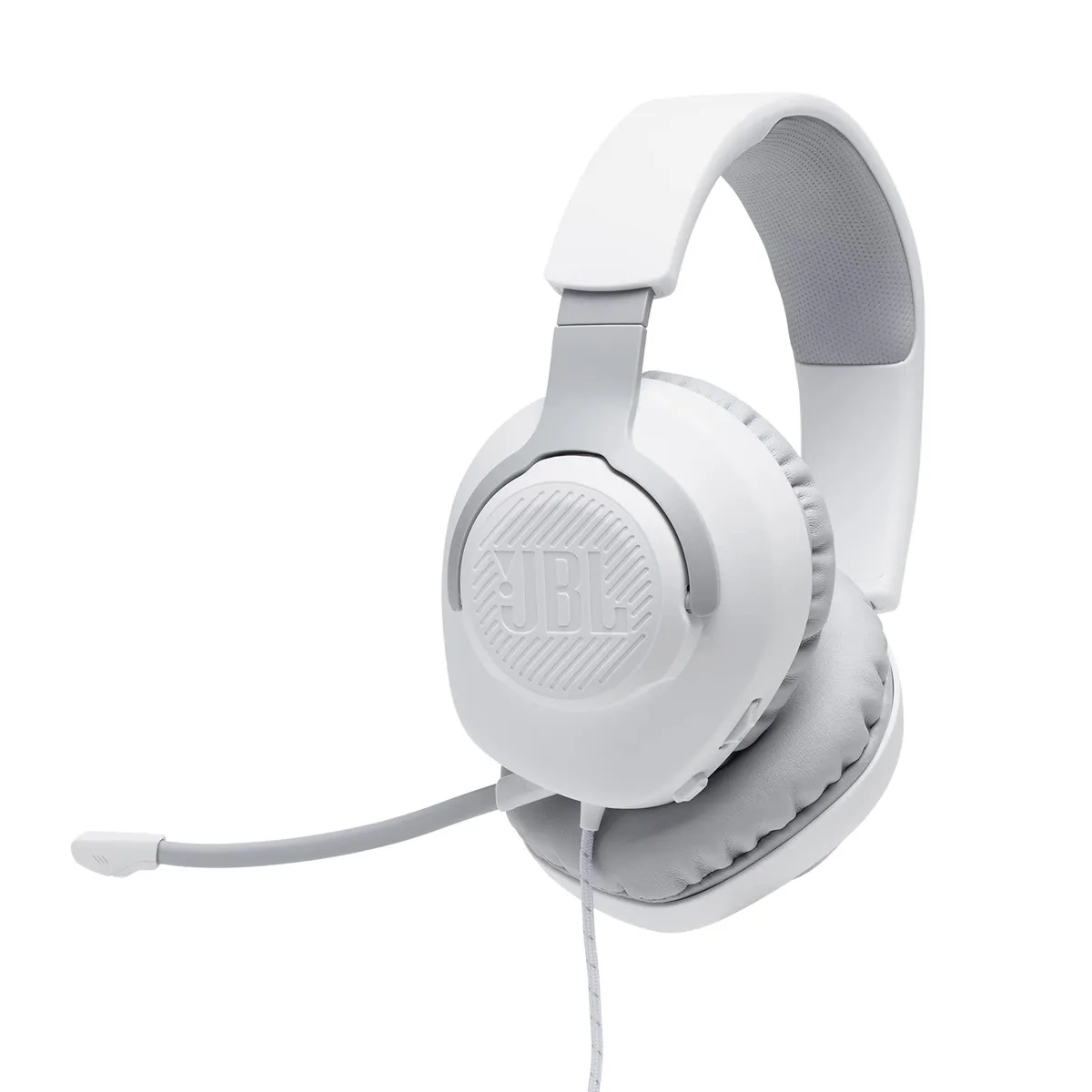 White wired over-ear gaming headset with boom mic