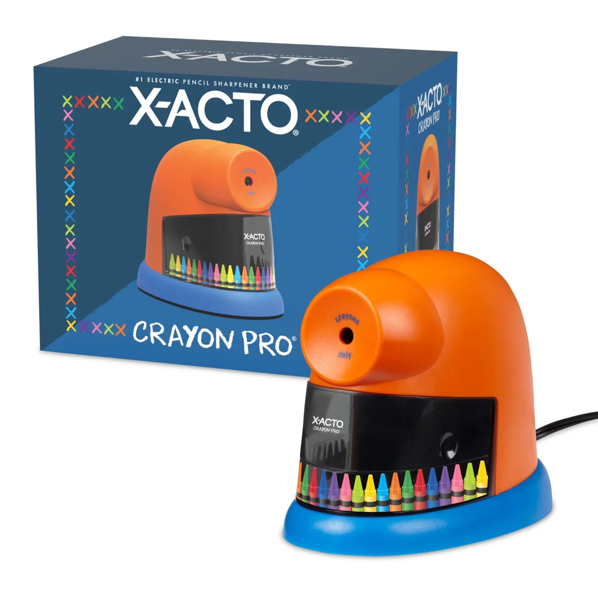 Orange plastic electric crayon sharpener, model 1680, rectangular form factor