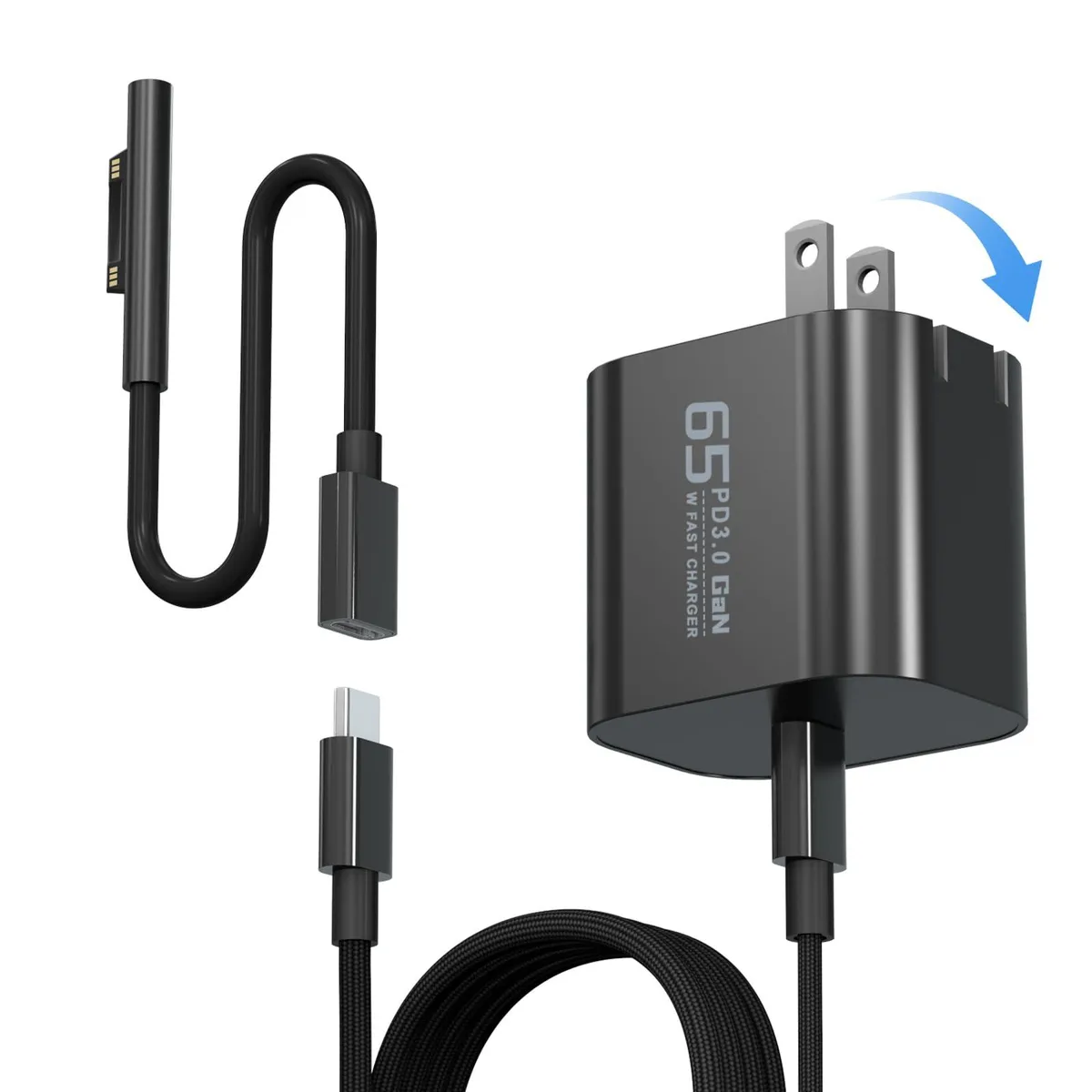 Compact 65W USB-C charger with foldable plug, detachable cable and magnetic Surface connector
