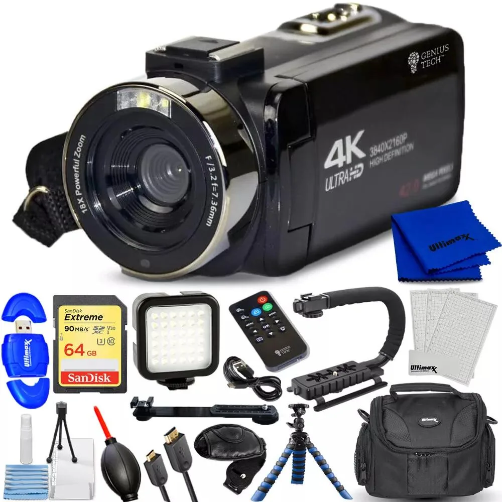 Genius 42MP camcorder kit with 64GB SD card, remote, case, LED light, stabilizer grip, tripod and cleaning accessories