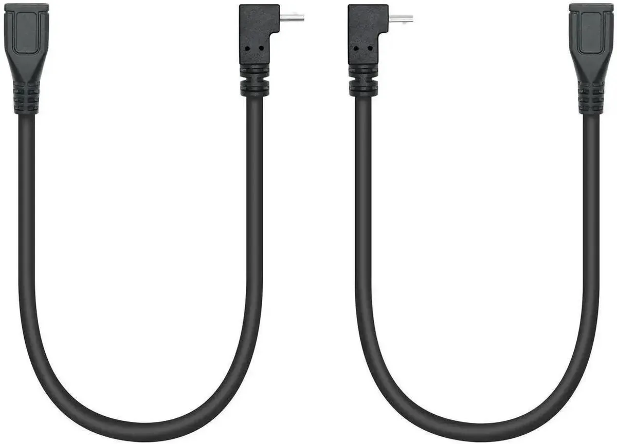 Two short Micro USB extension cables with right-angle male plugs, one angled up and one angled down, black finish