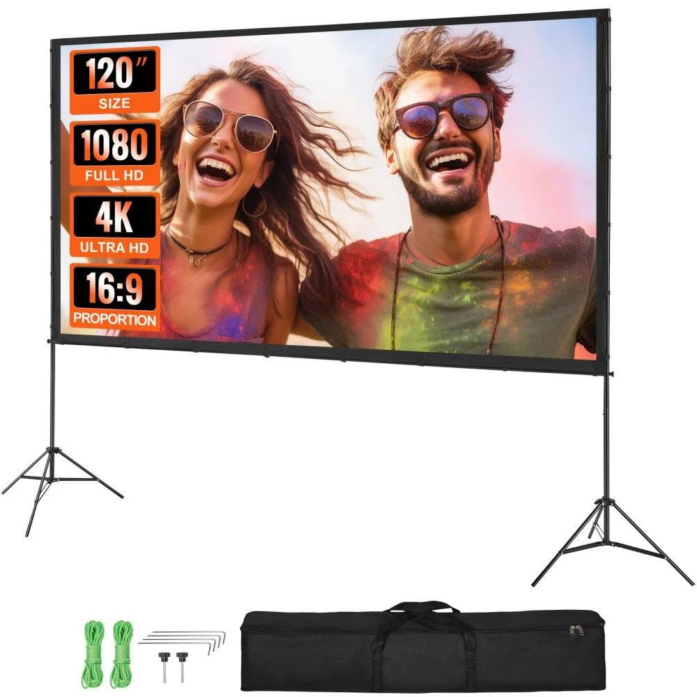 White 120 inch 16:9 projector screen on silver tripod stand with carry bag