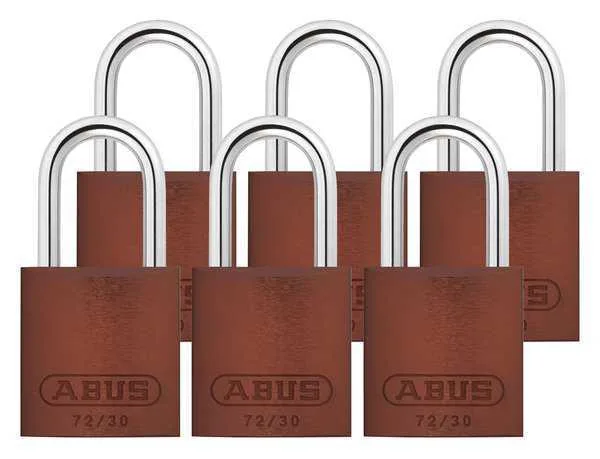 Six brown aluminium padlocks with hardened steel shackles
