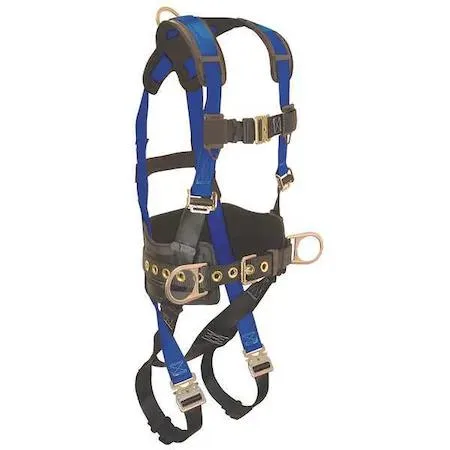 Blue and black XL full-body safety harness with quick-connect chest and leg buckles, steel D-rings on back and hips, padded back