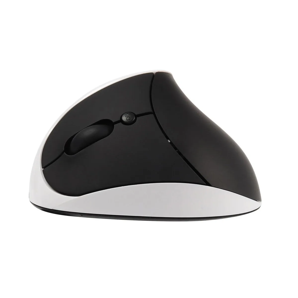 Black and white left-handed vertical wireless mouse with six buttons and USB receiver