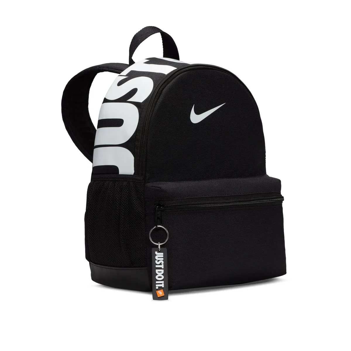Small black polyester mini backpack with white Nike branding, padded straps and side pockets