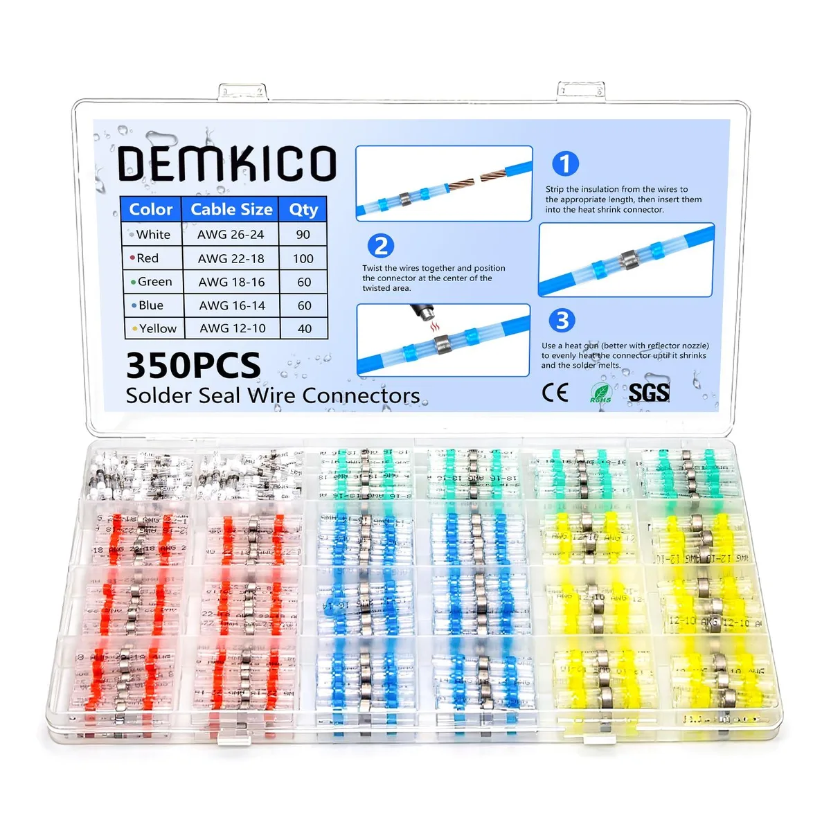Clear plastic box holding 350 heat-shrink butt splice connectors in five colours