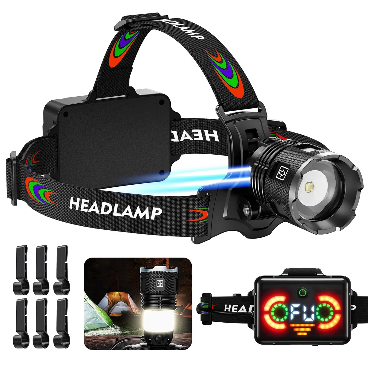 Black compact LED headlamp with adjustable fabric strap and 125° tilt head