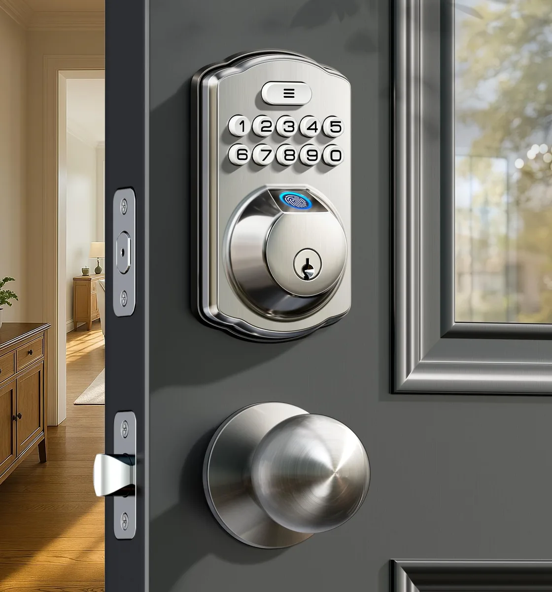 Satin nickel fingerprint door lock with two knobs, keypad and deadbolt