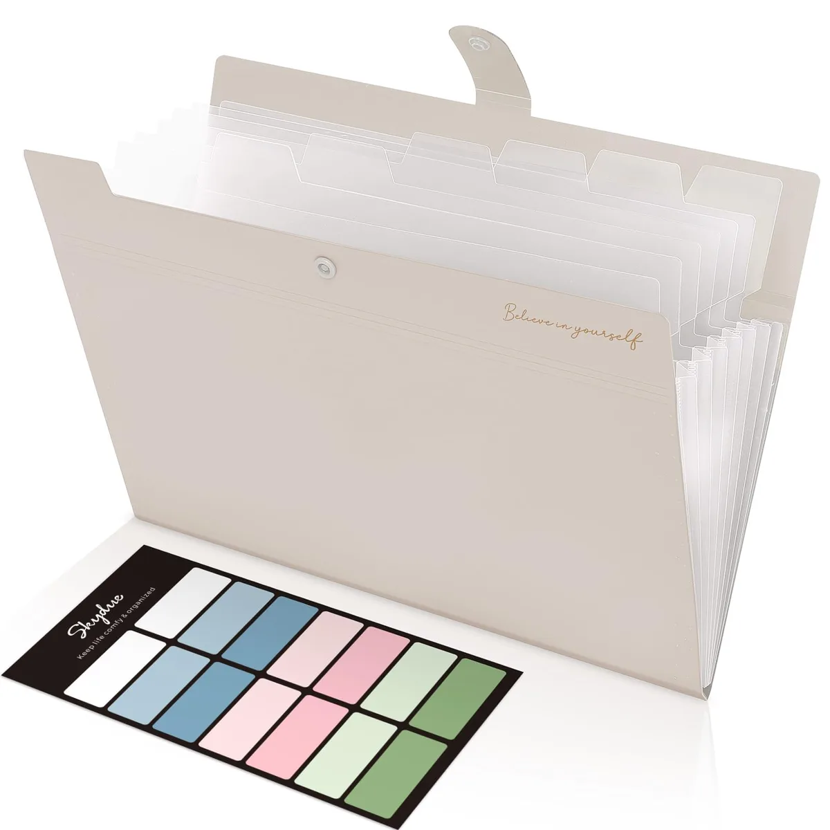 Milk tea brown polypropylene expanding file folder with eight pockets and snap closure