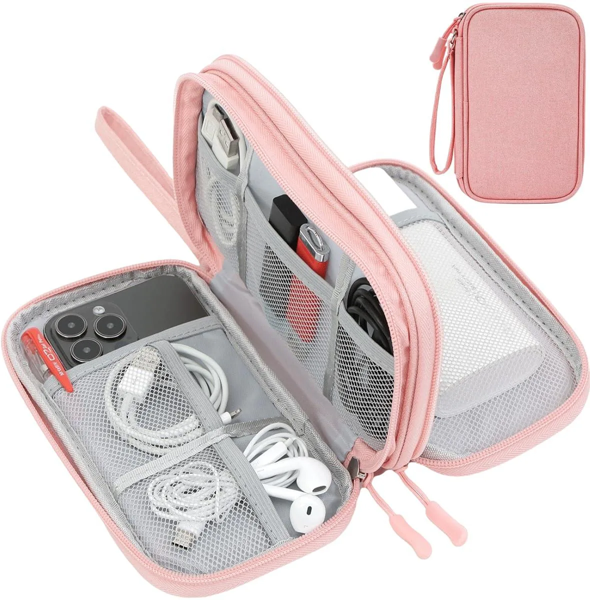 Light pink rectangular travel organizer with zipper and hand strap, double-layer interior, 7.5 x 4.3 x 2.2 inches