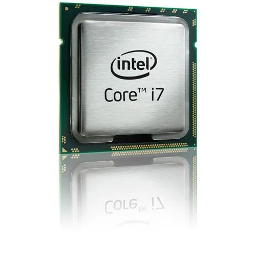 Silver square desktop processor with gold contacts and green substrate