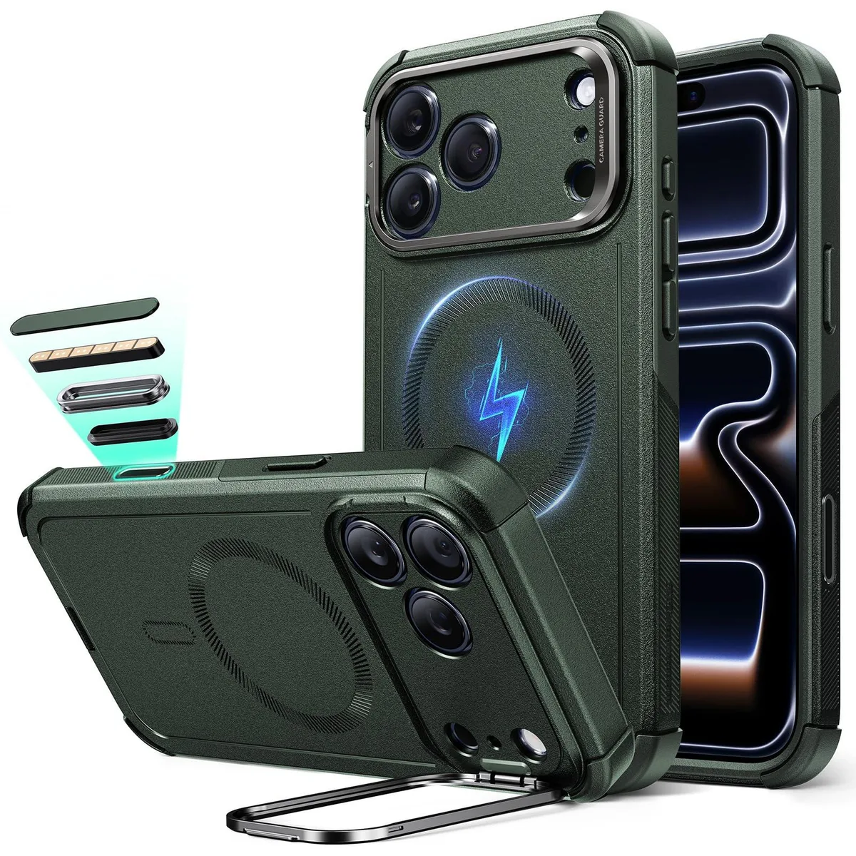  iPhone 17 Pro Phone Case with Stand, Cyber Series, Green — product photo