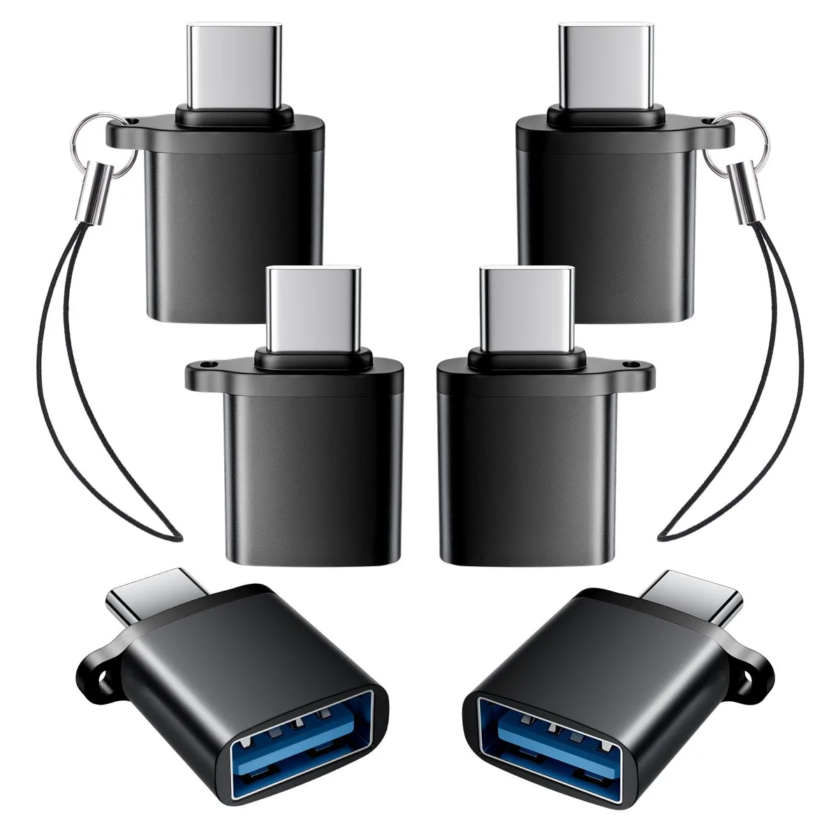 Six black USB-C to USB-A adapters with keychain clips