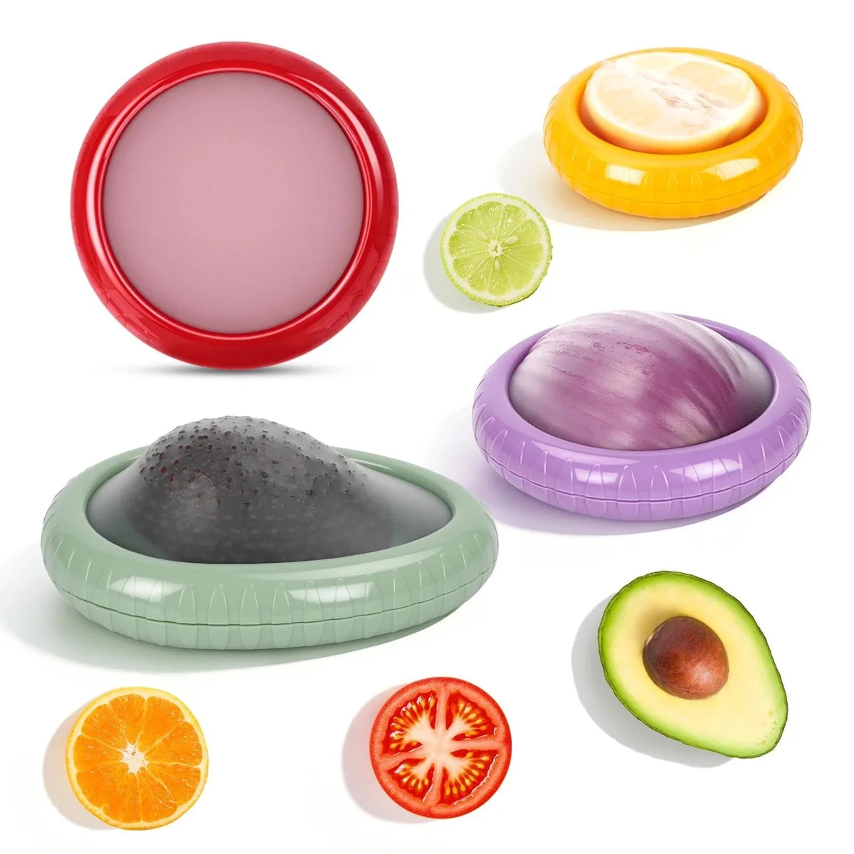 Four purple produce-shaped containers with silicone lids