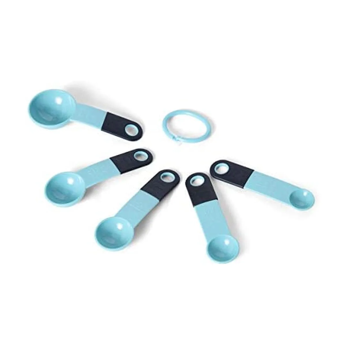 Set of five aqua-blue measuring spoons on a ring